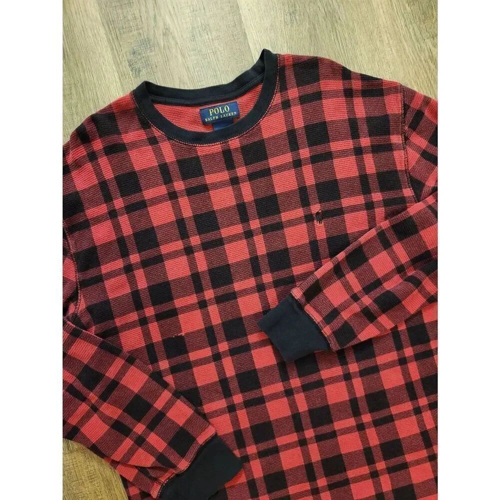 Polo Ralph Lauren Waffle Knit thermal men XL longsleeve crewneck pony Plaid mult